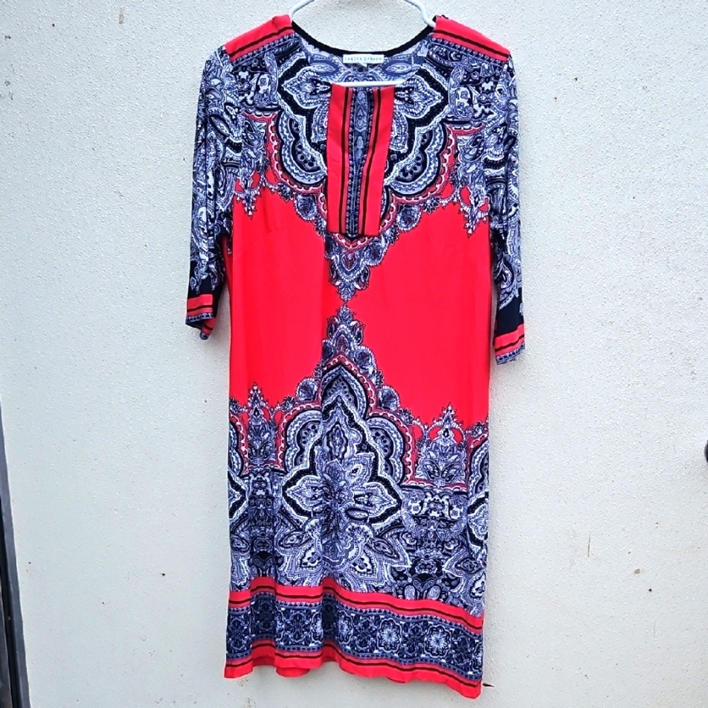 Sandra Darren Red and Blue Patterned Dress
